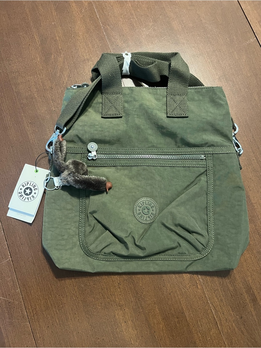 KIPLING | OLIVE GREEN CROSSBODY MESSENGER TOTE WITH MONKEY CHARM